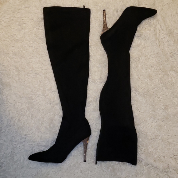 Nina Rocklin-Fy Rhinestone Heel OTK Black Boots - Picture 9 of 9